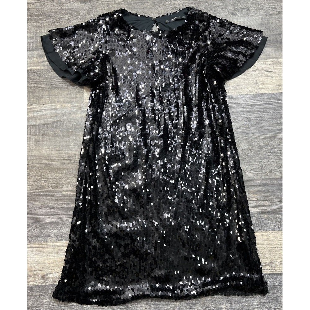 Zara Black Sparkle Sequin Dress Holiday Party Cap Ruffle Sleeve Small